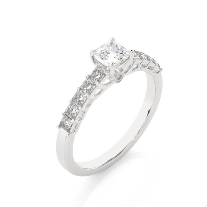 Princess & Round Cut Lab grown Diamond Ring , 14K white Gold Round Side Stone Ring For Her