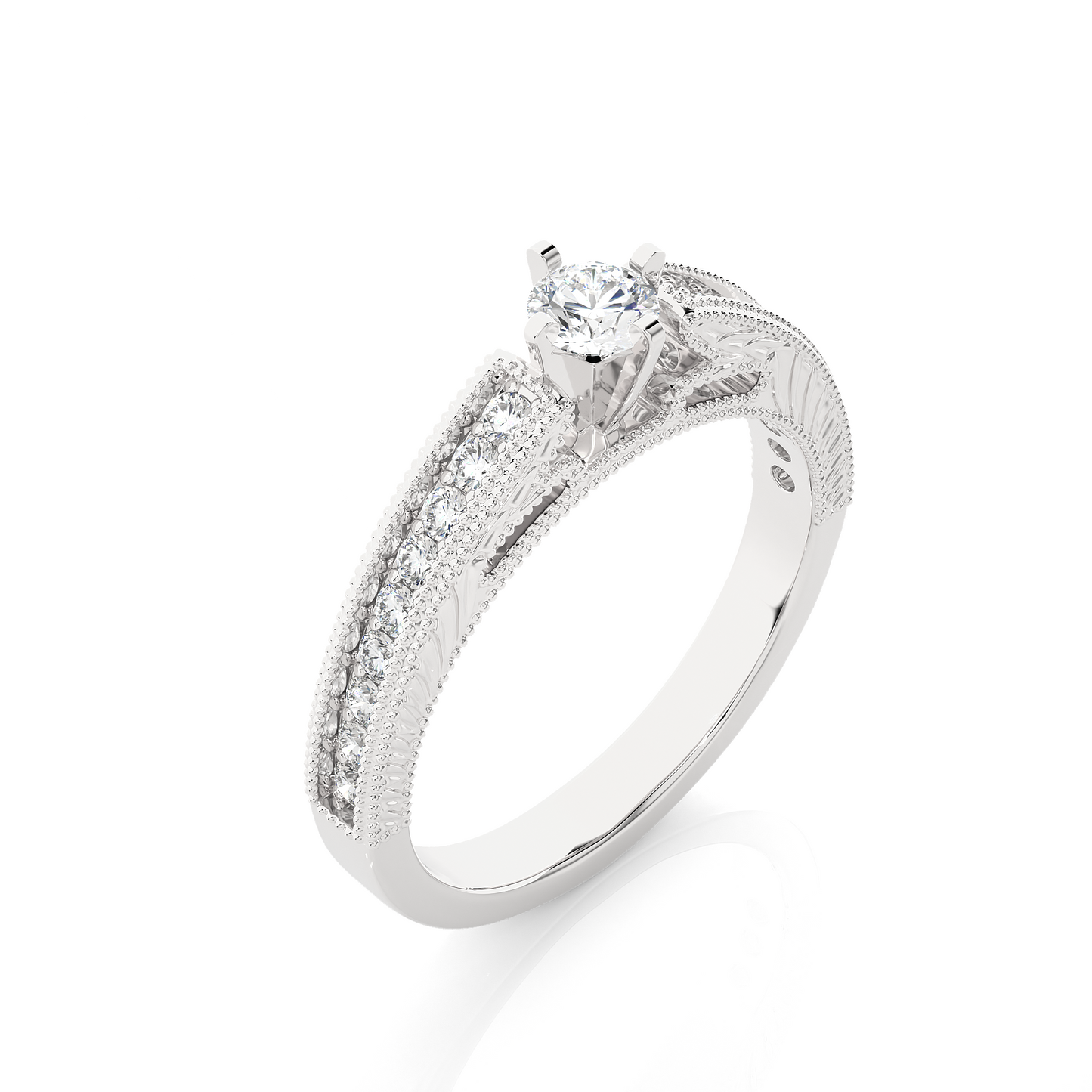 14k Solid Gold round cut Lab Grown Diamond With Pave And Side Stone Gift For wedding