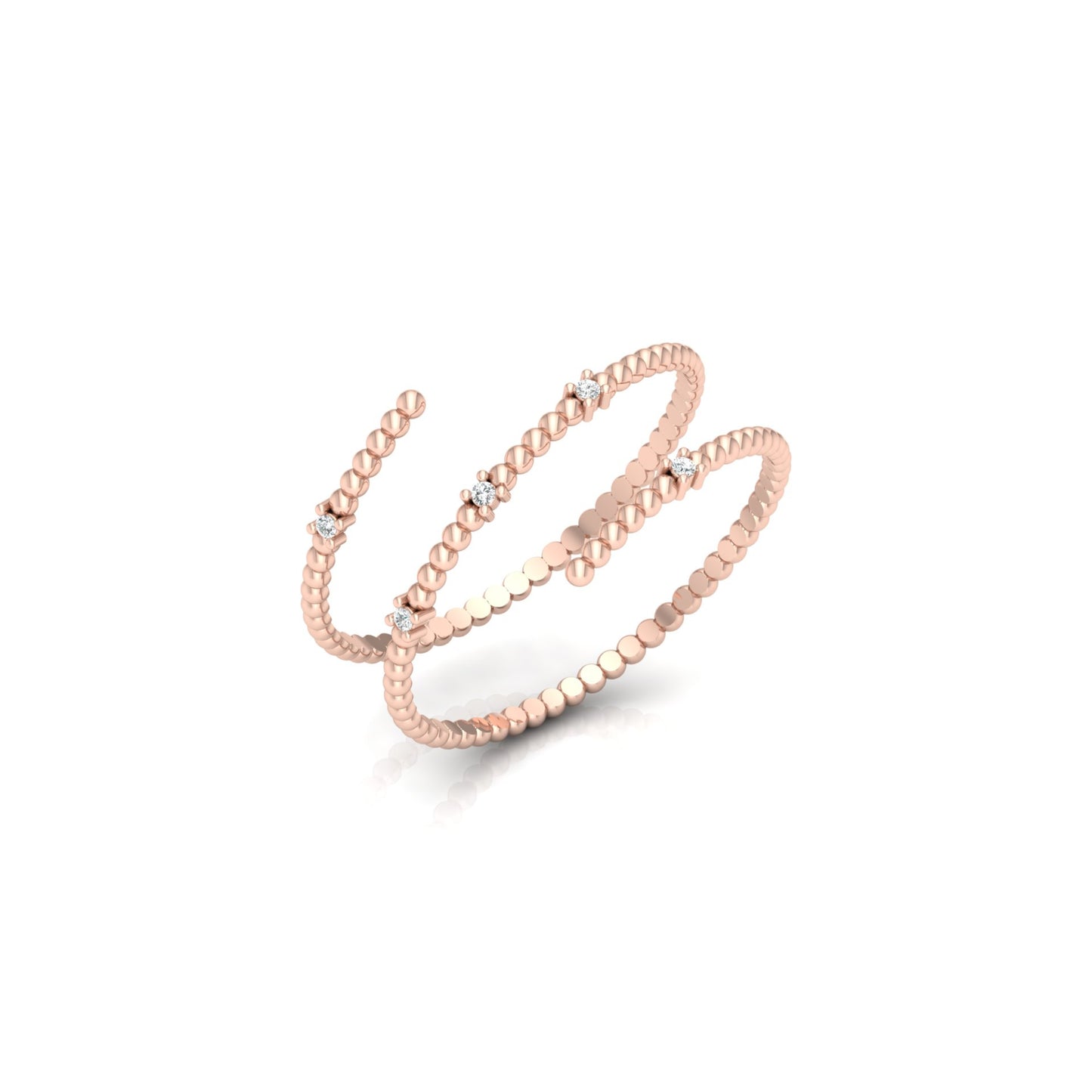 Wrap-Style Beaded Diamond Ring In 14K Solid Gold Modern Spiral Design Gift For Her