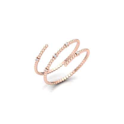 Wrap-Style Beaded Diamond Ring In 14K Solid Gold Modern Spiral Design Gift For Her