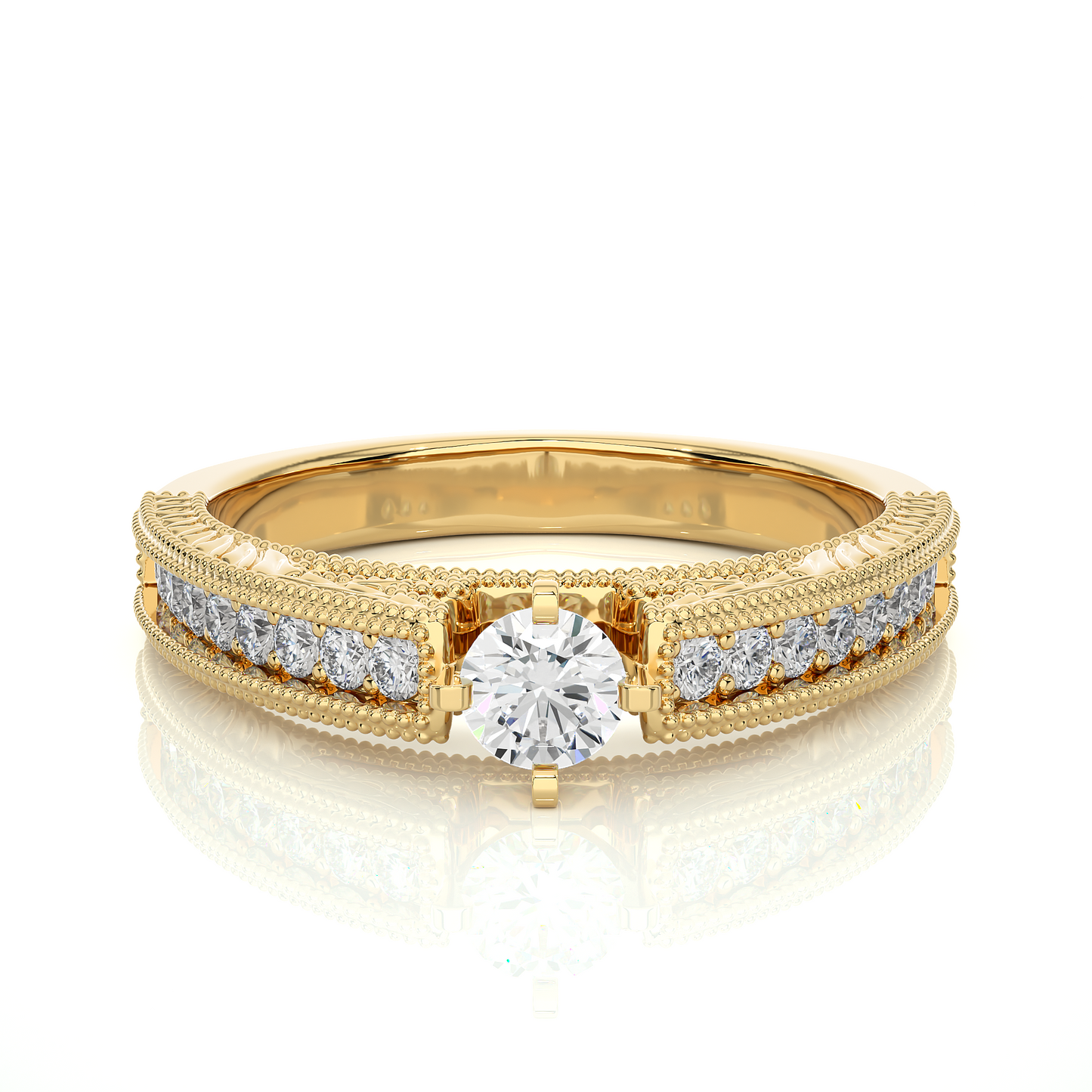 14k Solid Gold round cut Lab Grown Diamond With Pave And Side Stone Gift For wedding