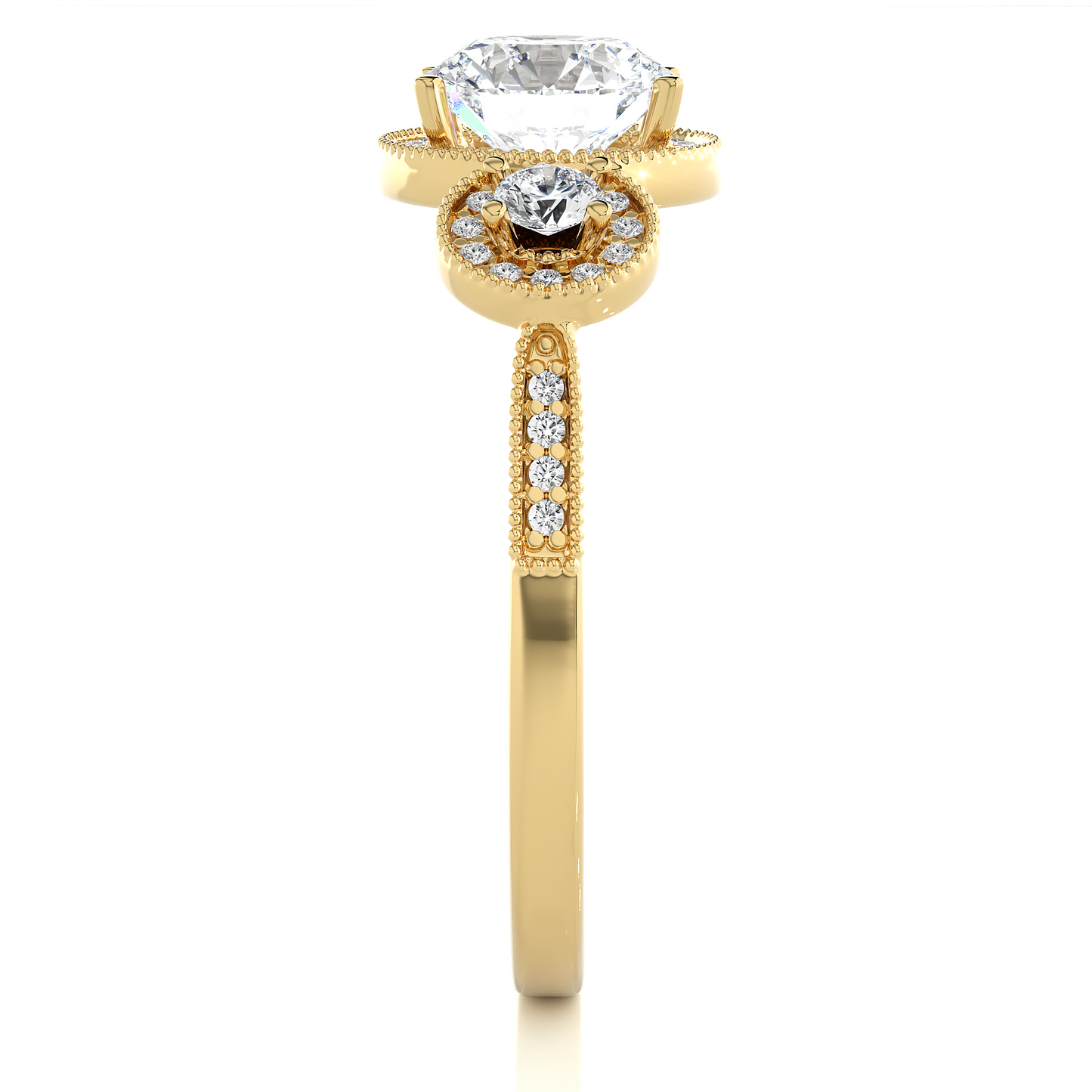 Round Cut Three Stone 14k Yellow Gold  Lab Grown  Diamond High Quality Certified Trilogy Diamond Ring