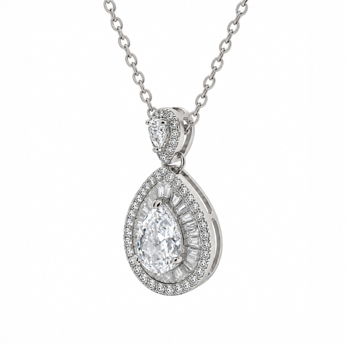 Pear Shape Moissanite Diamond Double Halo Pendant With Chain