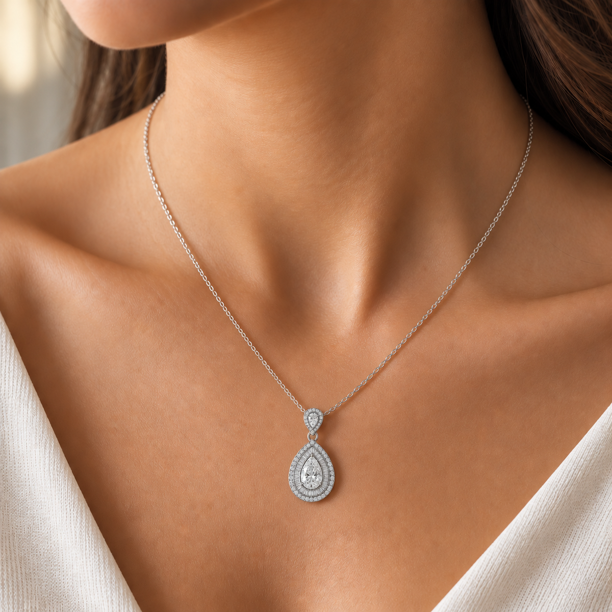 Pear Shape Moissanite Diamond Double Halo Pendant With Chain