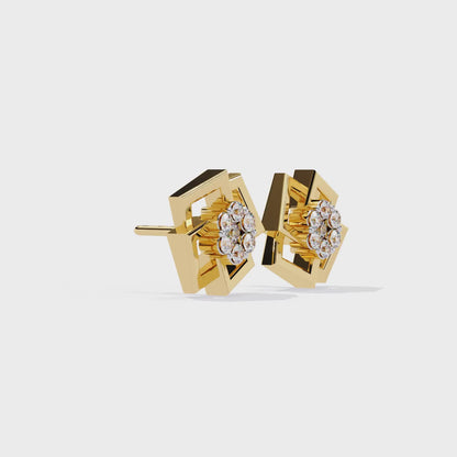 Round Cut Lab Grown Diamond Flower Shape 14K Solid Yellow Gold  Antique Dainty Stud Earring For Eco Friendly Gift