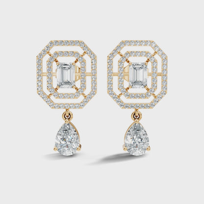 Elegant  2.48 Ct Emerald Cut Diamond Earrings with Pear Drop Accent In 14K Solid Gold