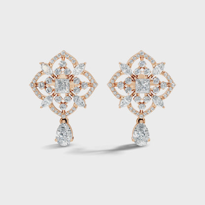 Princess Cut Center Lab Grown Diamond Vintage Floral Drop Earring