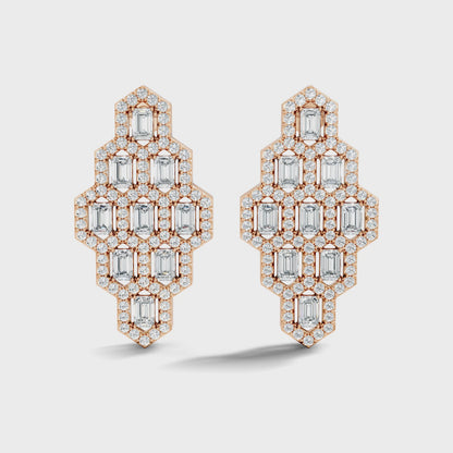 Emerald and Round Lab Diamond 18k Rose Gold Stud Earring