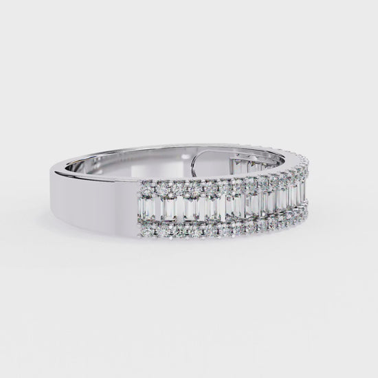 360 view video of baguette and round lab diamond wedding band rotating on white background