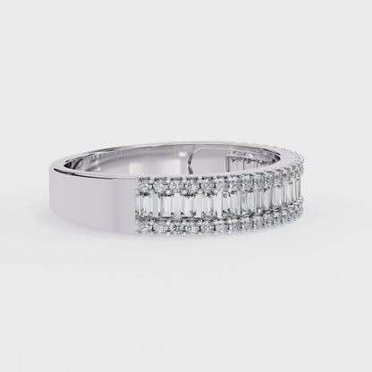 360 view video of baguette and round lab diamond wedding band rotating on white background