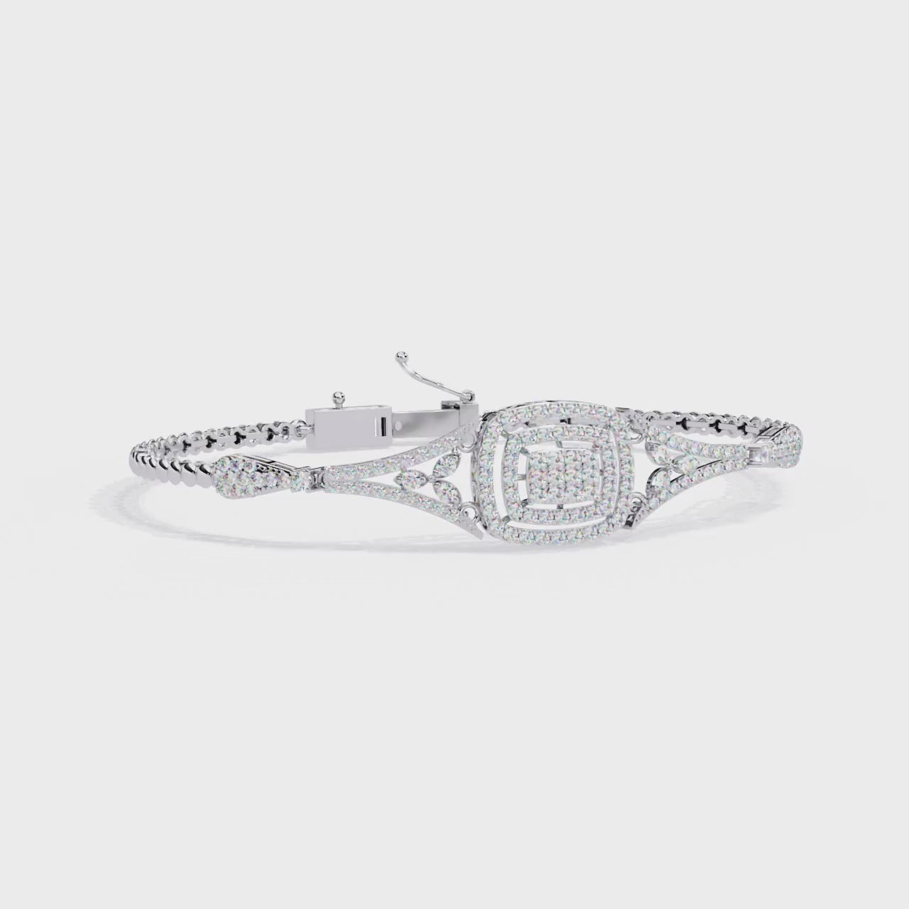 360 view video of vintage style lab diamond cuff bracelet rotating on white background