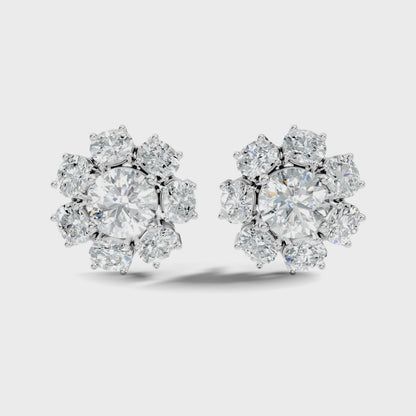 Round Cut Lab Grown Diamond with Oval Cluster Stud Earring