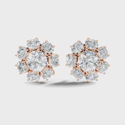 Round Cut Lab Grown Diamond with Oval Cluster Stud Earring