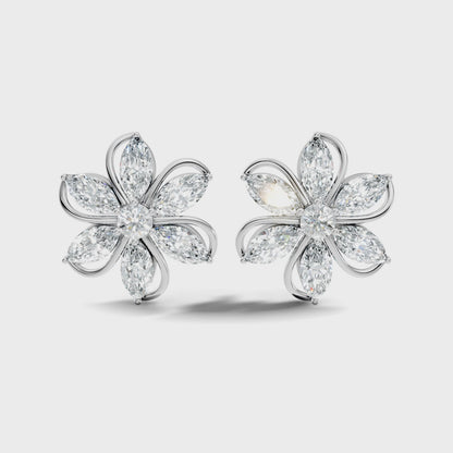 Marquise & Round Lab Diamond Unique Flower Shape Stud Earring