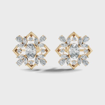 Oval Center Lab Grown Diamond Multi Shape Floral Stud Earring