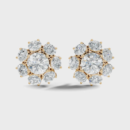 Round Cut Lab Grown Diamond with Oval Cluster Stud Earring