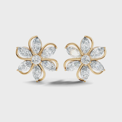 Marquise & Round Lab Diamond Unique Flower Shape Stud Earring