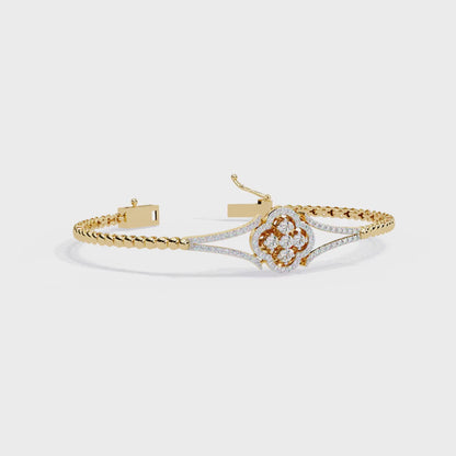 Round Cut Natural Diamond Elegant  Art Deco 10k Solid Yellow Gold Dainty Statement Cuff Bracelet For Women's