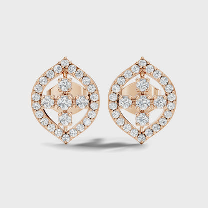 Round Cut Lab Grown Diamond Unique Yellow Gold Halo Stud Earring