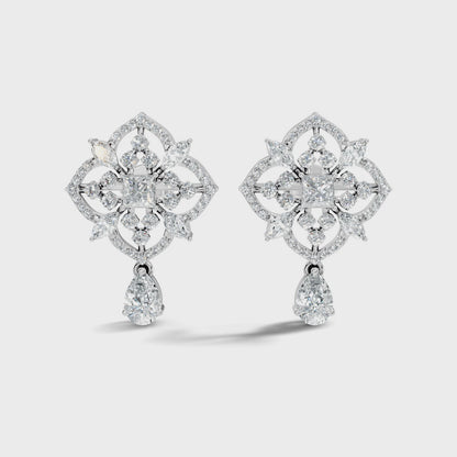 Princess Cut Center Lab Grown Diamond Vintage Floral Drop Earring