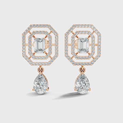 Elegant  2.48 Ct Emerald Cut Diamond Earrings with Pear Drop Accent In 14K Solid Gold