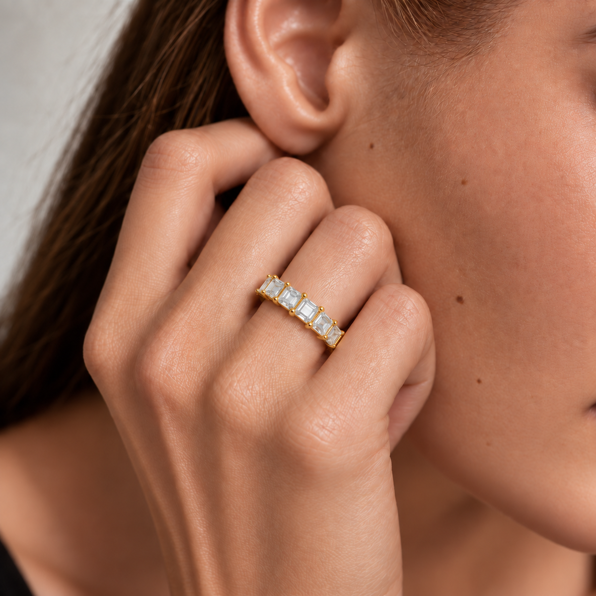Emerald Cut Lab Grown Diamond Half Eternity Yellow Gold Band