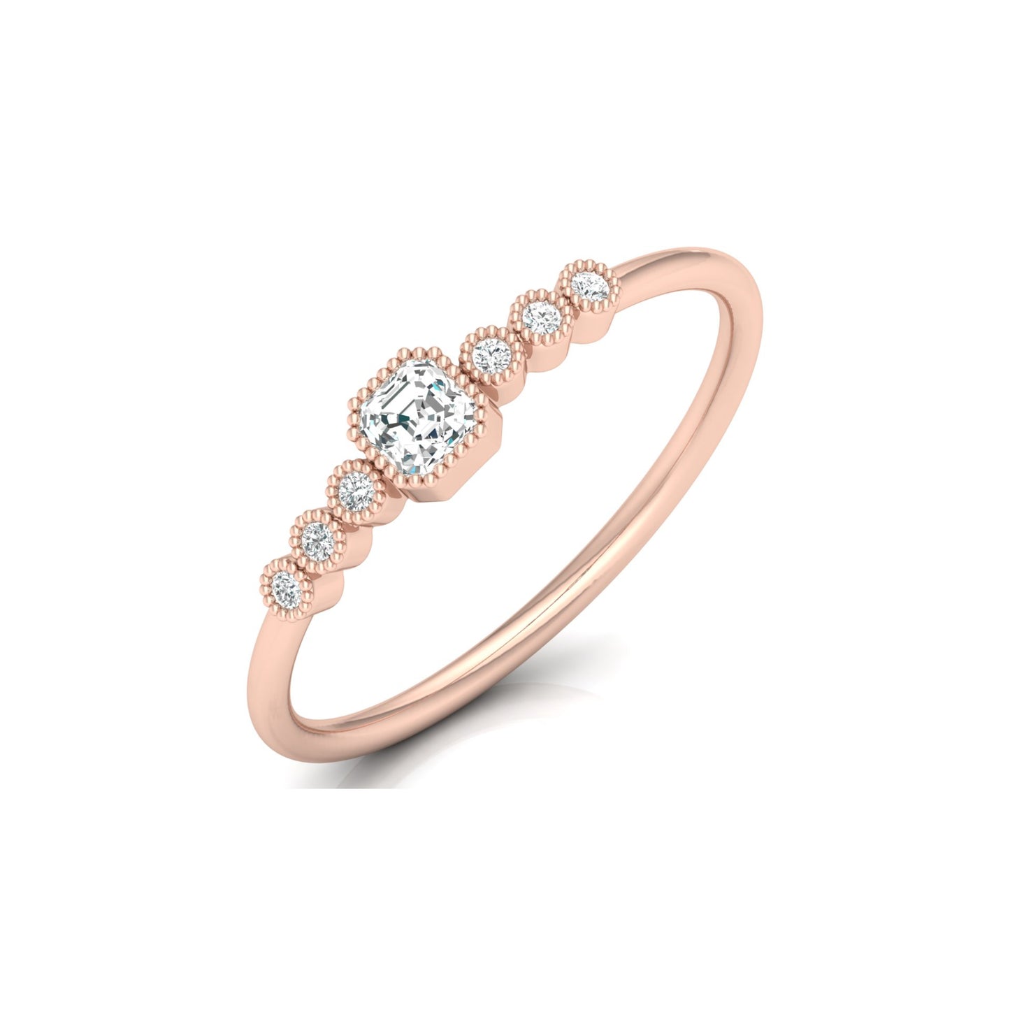 Asscher And Round Diamond Minimalist Ring 14K Solid Gold Dainty Engagement Ring For Her