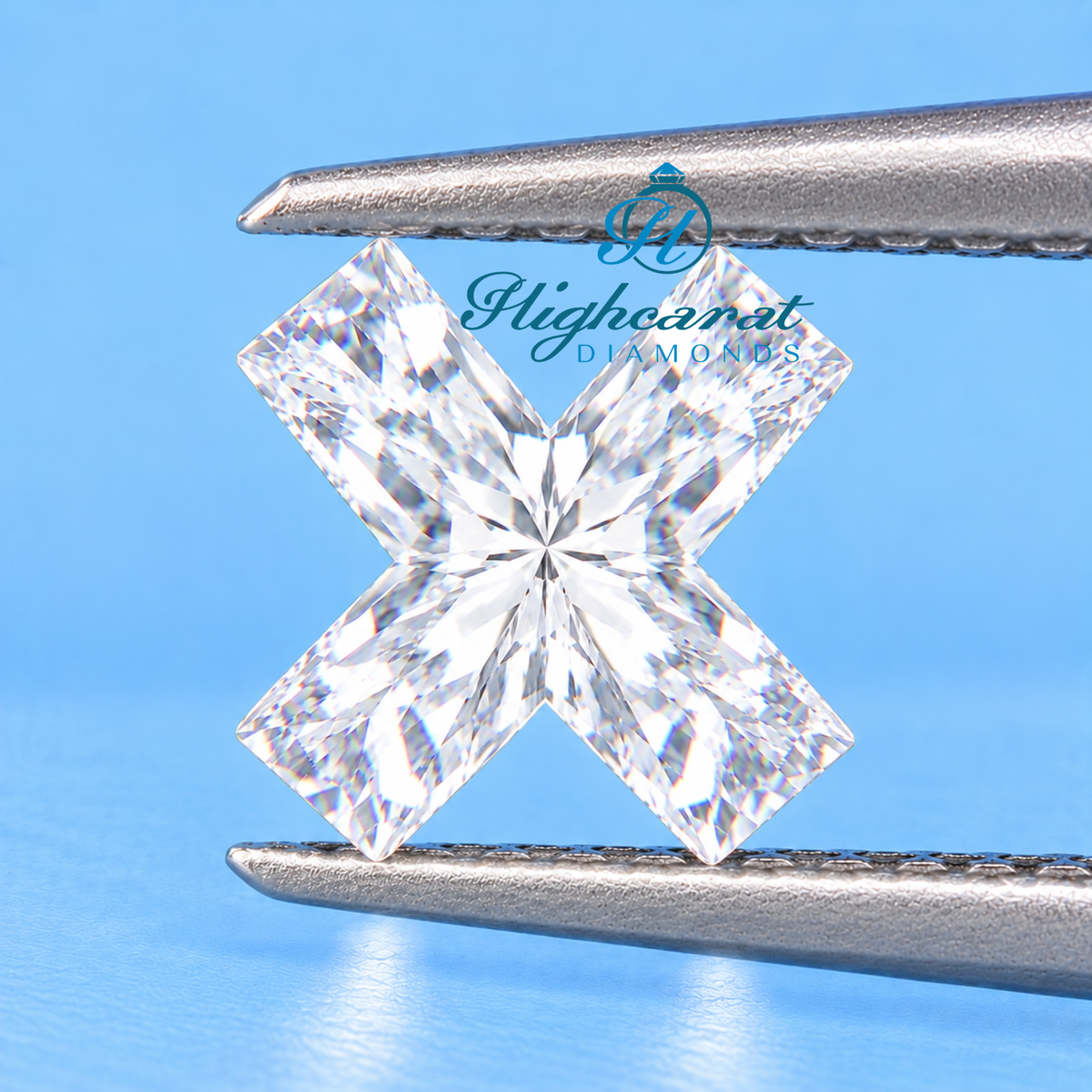 X letter shaped lab grown certified diamond angled side view